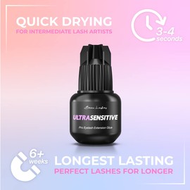 Sensitive Eyelash Extension Glue for Professionals | Low Humidity Strong Black Lash Adhesive for Long Lasting Semi Permanent Individual Lash Extensions – 3-4s Fast Drying / 6 Weeks Retention