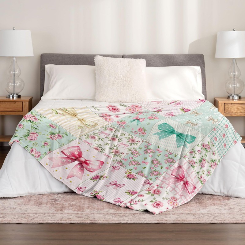 Newsely Boho Bow Floral Throw Blanket,51x59 Inch Reversible, Cute Retro