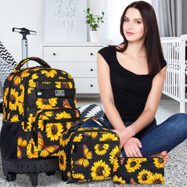 ZLYERT 3Pcs Rolling Backpack for Girls Women, Travel Roller Backpacks with Wheels for Adults, Teens College Sunflower Wheeled Bookbag with Lunch Box(Yellow)