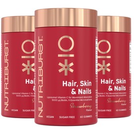 Nutriburst Hair, Skin & Nails Multipack - Supports Skin, Builds Collagen & Nail Strength - 5000 mg Biotin, Zinc + Vitamin A, C, D, E - Vegan & Sugar Free - 3 x 60 Strawberry Gummies - 3 Month Supply