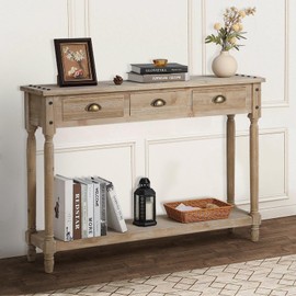 Wnutrees Farmhouse Console Table with 3 Drawers, 46" Long Narrow Boho Sofa Foyer Table with Large Storage Space, Solid Wood Frame and Legs for Entryway, Hallway, Living Room, Natural