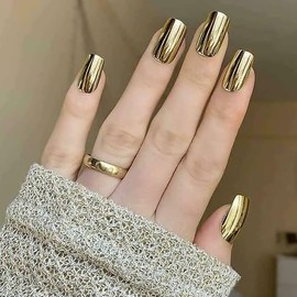 Gold Press on Nails Short Square Fake Nails Gold Chrome False Nails Mirror Design Glossy Glue on Nails Metallic Full Cover Acrylic Stick on Nails Artificial Nails for Women Girls Manicure 24Pcs