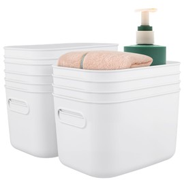 HOZEON 10 Pack White Plastic Storage Bins with Handle, Stackable Cupboard Organiser Pantry Storage Boxes for Shelves, Drawers, Bathroom, 10 x 7 x 6 Inch