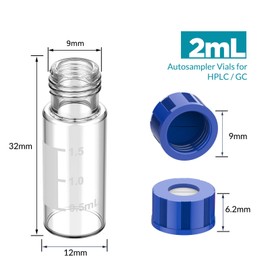 Membrane Solutions 2mL Autosampler Vials, Membrane Solutions HPLC Vials, 9-425 Lab Clear Vials with Write-on Spot and Graduations, 9mm Blue ABS Screw Caps & Septa for GC Sample Vials, 500 Pcs