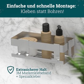 husman® Shower Shelf No Drilling | Brushed Stainless Steel | with Drain Grooves & 3 Hooks | Glue Instead of Drilling | Shower Basket Wall Shelf Shower Shelf Bathroom Shelf Decorative Bathroom