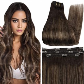 Full Shine Hair Extensions for Women 14 Inch Color 2/8/2 Darkest Brown Balayage Ombre Lace Weft Clip in Hair Extensions Real Human Hair 3 Pieces Clip in Extensions