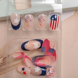 24Pcs Independence Day Press on Nails Short French Tip Fake Nails Oval Shape Artificial Acrylic Nails USA Flag Firework False Nails Patriotic Star Glue on Nails 4th of July Stick on Nails for Women