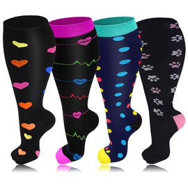 4 Pairs Plus Size Compression Socks for Women & Men, 20-30 mmHg Wide Calf Extra Large Knee High Compression Stockings for Circulation Support (04-black-navy-purple-pink, XXL)