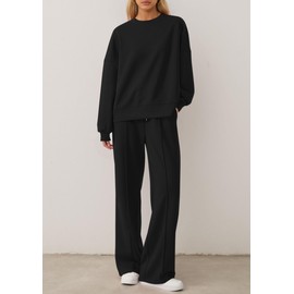 PRETTYGARDEN 2 Piece Sets For Women Fall Trendy Long Sleeve Sweatshirt Wide Leg Pants Loungewear Set Matching Sweatsuit (Black,Large)