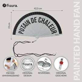 FISURA Original P*tain de chaleur Fan Reversible Wooden Hand Fan in Grey and Black Modern Colourful Design Includes Hooks Size: 42.5 x 23 cm