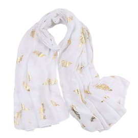 KAVINGKALY Women's Feather Scarf Rose Gold Flash Feather Print Scarf Fashion Wedding Party Scarf, White