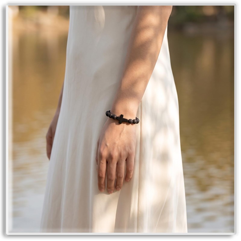 Xusamss Volcanic Stone Bead Cross Stretch Bracelet for Women Men,Lava
