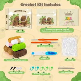 Fortuning's JDS Capybara Crochet Kit for Beginners Animal Knitting Kit Animal Crochet Capybara Kits Crochet Animals with Step-by-Step Video, Crochets Starter Kit with Hats Beginners Crochet Kit 2pcs