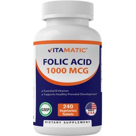 Vitamatic Folic Acid 1000 mcg (1 mg) - Vegetarian Tablets - 1667 mcg DFE - Vitamin B9 (240 Count (Pack of 1))