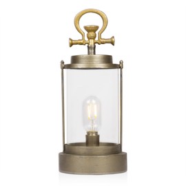 Alpine Corporation ILT100HH-S-GD Vintage Metal & Glass Lantern w/ Warm LED Light & Timer, LED Home Decor, Small, 15''H, Gold