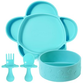 Grabease Feeding Supplies - 4-Piece Silicone Baby Feeding Set with Suction Bottoms - Teal Silicone Baby Plates and Utensil Kit for Portion Control and Baby-Led Weaning, & Phthalate-Free