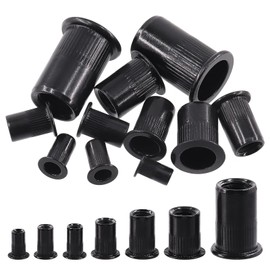 Swpeet 100Pcs Carbon Steel Rivet Nuts Kit, SAE UNC 1/4-20 Rivet Nuts, Black Zinc Plated Carbon Steel Rivet Nut Inserts Nutserts Kit, Flat Head Threaded Insert Nut Assort