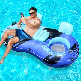 Heavy Duty Double River Tube, 2-Person Inflatable Floating Tube with Backrest, 2 Cup Holders, Handles, Oversized Inflatable Pool Float for familiy, Lake Floats for Adults,Blue