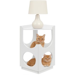 Corner Cat House Nightstand Wood– Double Layer Cat Bed with Circular Openings, Modern Wooden Cat Furniture, Creamy White