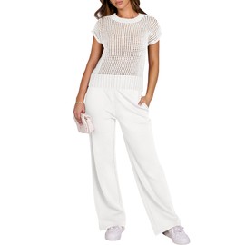 ANRABESS Women Two Piece Outfits Crochet Sheer Knit Sweater Top Wide Leg Pants Lounge Matching Sets Sweatsuit Travel Clothes White Small
