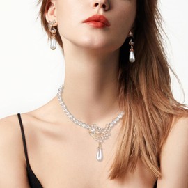 Yonhi Glass Pearl Necklace and Earring Set,Collar De Perlas para Mujer,Faux Pearl Jewelry Set for Women Gifts