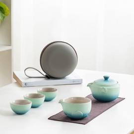 Zen Lotus Design Travel Teapot, Portable Ceramic Tea Set, 1 Pot, 1 Fairness Cup and 3 Mini Cups, Tea Ceremony Set for One to Three (Lake Blue)