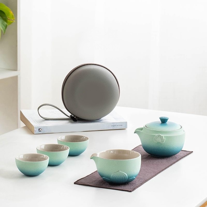 Zen Lotus Design Travel Teapot, Portable Ceramic Tea Set, 1
