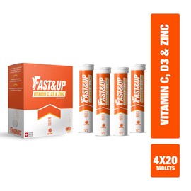 Fast&Up Vitamin C, Vitamin D & Zinc - 80 Effervescent Tablets (4 X 20) - Saver Multipack - Complete Immunity Booster - One Daily - Orange Flavour