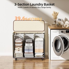 Yecaye 180L Laundry Basket With Lid and Removable 3 Bags, Large Rolling Laundry Hamper with Lid, 3 Section Rolling Clothes Storage With Wheels, Clothes Hamper with Wheels For Laundry Room, Beige