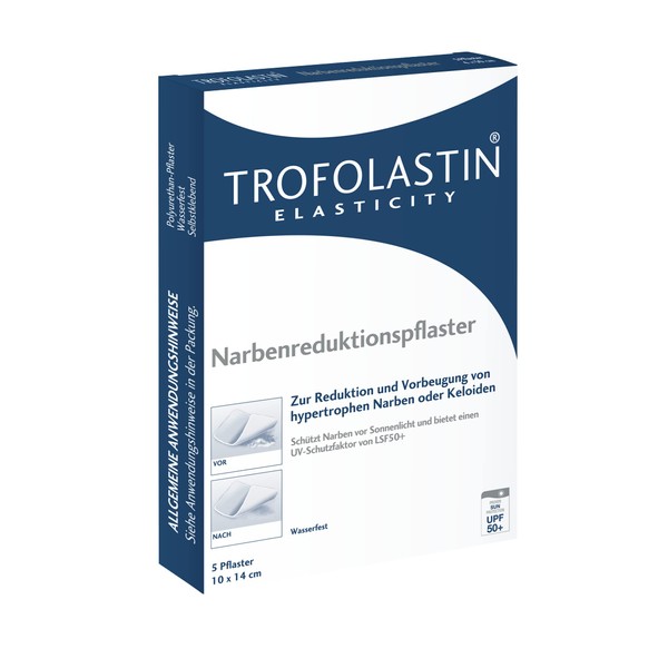 TROFOLASTIN Scar Reduction Plasters - 1 x 5 Plasters - 10 x 14 cm - Scar Plasters for Treatment of Surgical Scars and More - Waterproof, SPF 50+