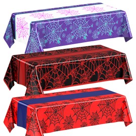 Oudain 3 Pack Spider Theme Birthday Decorations Purple Black Red Pink Green Web Ghost Bat Tablecloth Cartoon Table Cover Party Favors for Birthday Supplies (Purple,Black,Red,Spider)