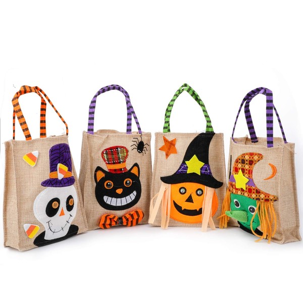 HOWAF Halloween Candy Gift Bags Trick or Treat Party Tote Bags, Halloween Linen Goody Sweet Snacks Party Bags for Kids Halloween Party Gift Favor Decorations, Ghost Black Cat Pumpkin Witch Bags