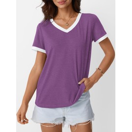 AUTOMET Womens Short Sleeve T-Shirts Summer Tops Casual Soft Tunic V Neck Basic Tees Workout Clothes Spring Fashion Outfits 2025 DeepPurple L