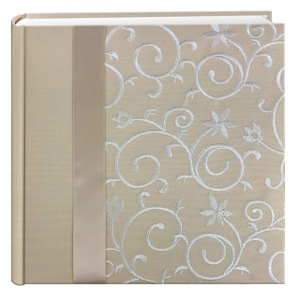 Pioneer Embroidered Scroll Ribbon Trimmed Fabric Cover Photo Album, Ivory on Ivory