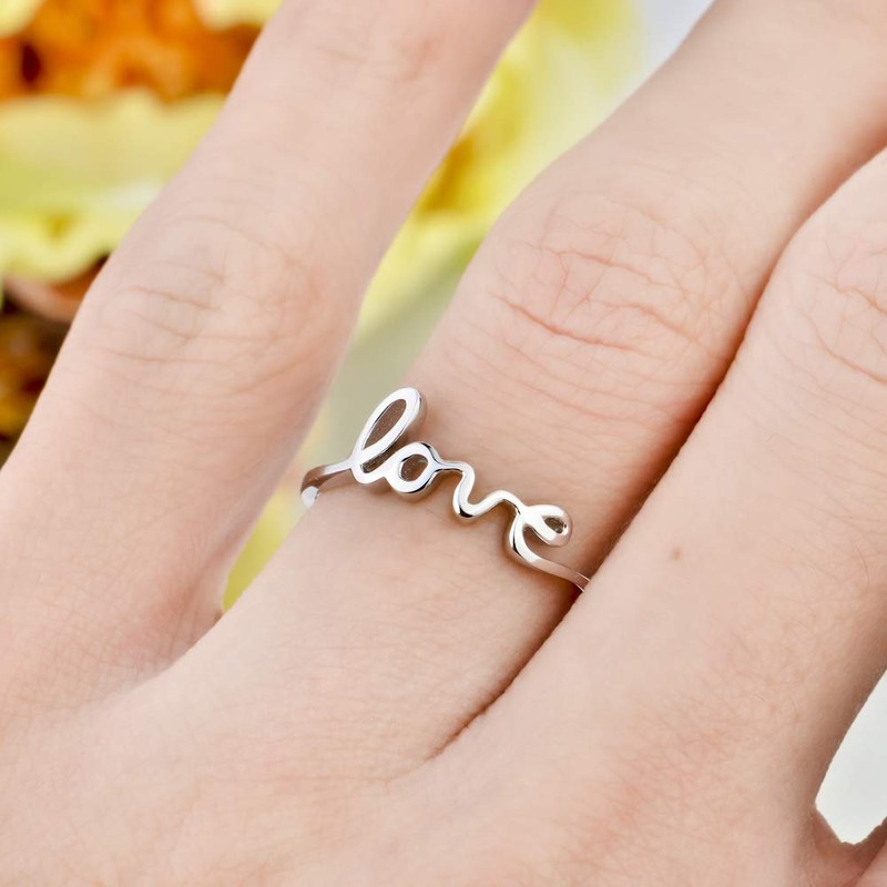YFN Sterling Silver Simple Love Script Ring Thin Band Promise