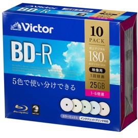 Victor BD-R VBR130RPX10J1 for Single Recording (Single Layer, 1-6x Speed, 10 Sheets), Color MIX