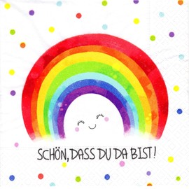20 Napkins Rainbow, Schön, dass du da bist, Napkins with Smiling Face Rainbow Motif, Christening, Children's Birthday, Girls' Baby Shower, Confirmation, Table Decoration, 33 x 33 cm