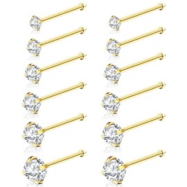 WINSENET 12Pcs Nose Rings Studs 18G Nose Studs Stianless Steel Nose Rings for Women Hypoallergenic Nose Piercings Jewelry Gold