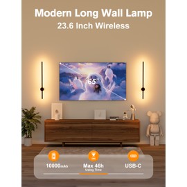 JOFIOS Battery Operated Wall Sconces Set of 2,10000mAh Rechargeable Wireless Sconces with Remote Control,Dimmable Wall Lamps with 7 Colors,23.6 Inch Modern Black Wall Lights for Bedroom, Living Room