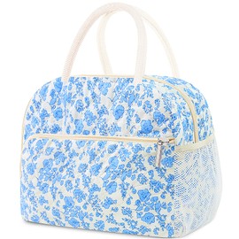 Cute Lunch Box for Women,Insulated Lunch Bag,Reusable Quilted Lunch Tote Bag,Aesthetic Cooler Bag for Adults Work Picnic Travel(Blue)