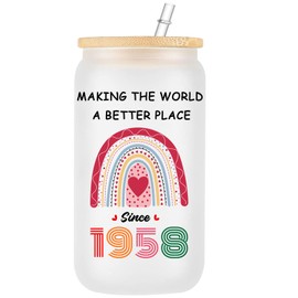 WOSIWULA 1958 66th Birthday Gifts for Women Her, 66 Year Old Birthday Gifts, 66th Birthday Decorations Gift for Grandma, Wife, Mom, Aunt, Sister, Friends, 16 oz Frosted Glass Cup with Lid and Straw