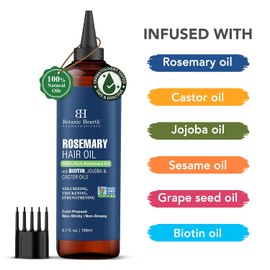 100% Pure Rosemary Oil for Hair Growth, (Rosemary Oil for Growth) Enriched with Biotin | Hair Strengthening Treatment | Nourishing and Voluminous | With Jojoba Oil and Castor Oil | 6.7