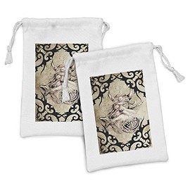 Lunarable Viking Fabric Pouch Set of 2, Tattoo Pattern with Viking Warrior Silhouette Bearded Vintage Effect, Small Drawstring Bag for Toiletries Masks and Favors, 9" x 6", Beige Black