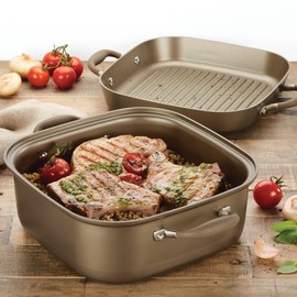 Anolon Advanced Nonstick 2-in-1 Deep Grill Pan and Square Roaster Cookware Set, 2 Piece, Umber