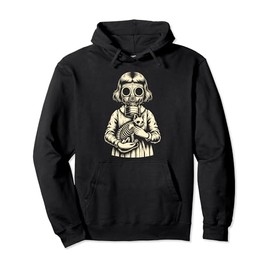 Creepy Girl Wearing Gas Mask and Holding a Cat Skeleton Pullover Hoodie