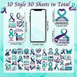 WANDIC 30 Sheets Suicide Prevention Awareness Temporary Tattoos, Purple and Teal Ribbon Awareness Tattoo Sticker for Charity Decoration