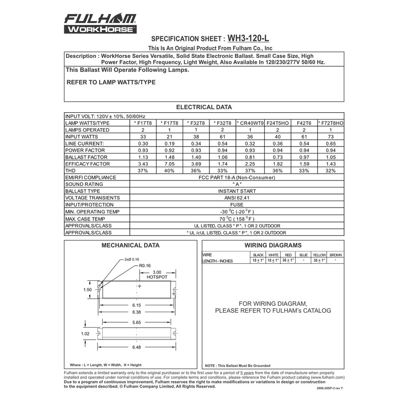Fulham Lighting WH3-120-L Workhorse 3 Adaptable Electronic Fluorescent Lamp Ballast,