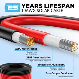 Hiutgowt 10AWG Solar Wire, Solar Cable 50Ft, Solar Extension Cable, Solar Panel Wire, 10 Gauge Wire Tinned Copper PV Wire for Home Boat RV Solar Panels Charger Controller Battery Inverter