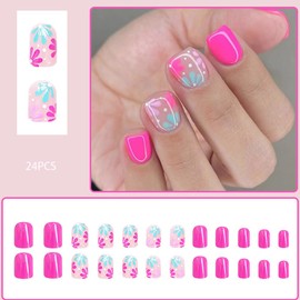 Press on Nails Short Square Fake Nails Red Glossy False Nails with Light Blue Pink flowers Press ons Designs Acrylic Nails Press on Artificial Nails Stick on Nails For Women Girls 24Pcs