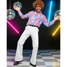 70s Disco Outfits for Men 70's Retro Clothes Shirt Bell Bottom Pants Vintage Hip Hop Costume with Wig Accessories Blue L